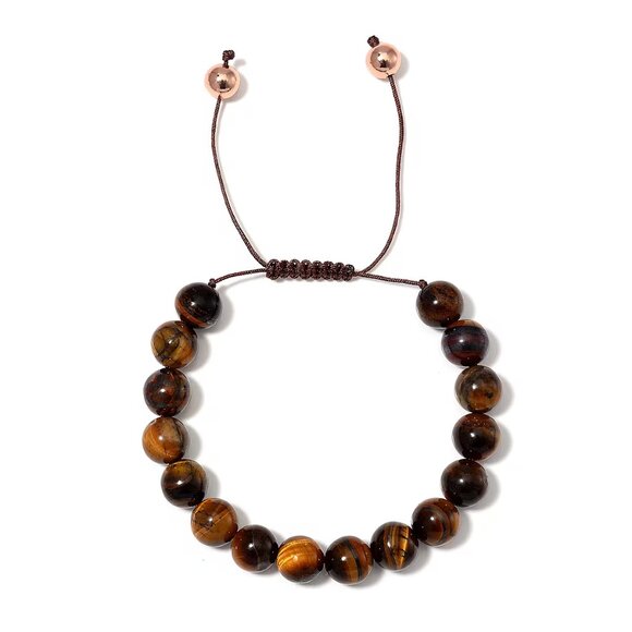 Other - Yellow Tiger's Eye Beaded Adjustable Bracelet in 14K RG Over Copper